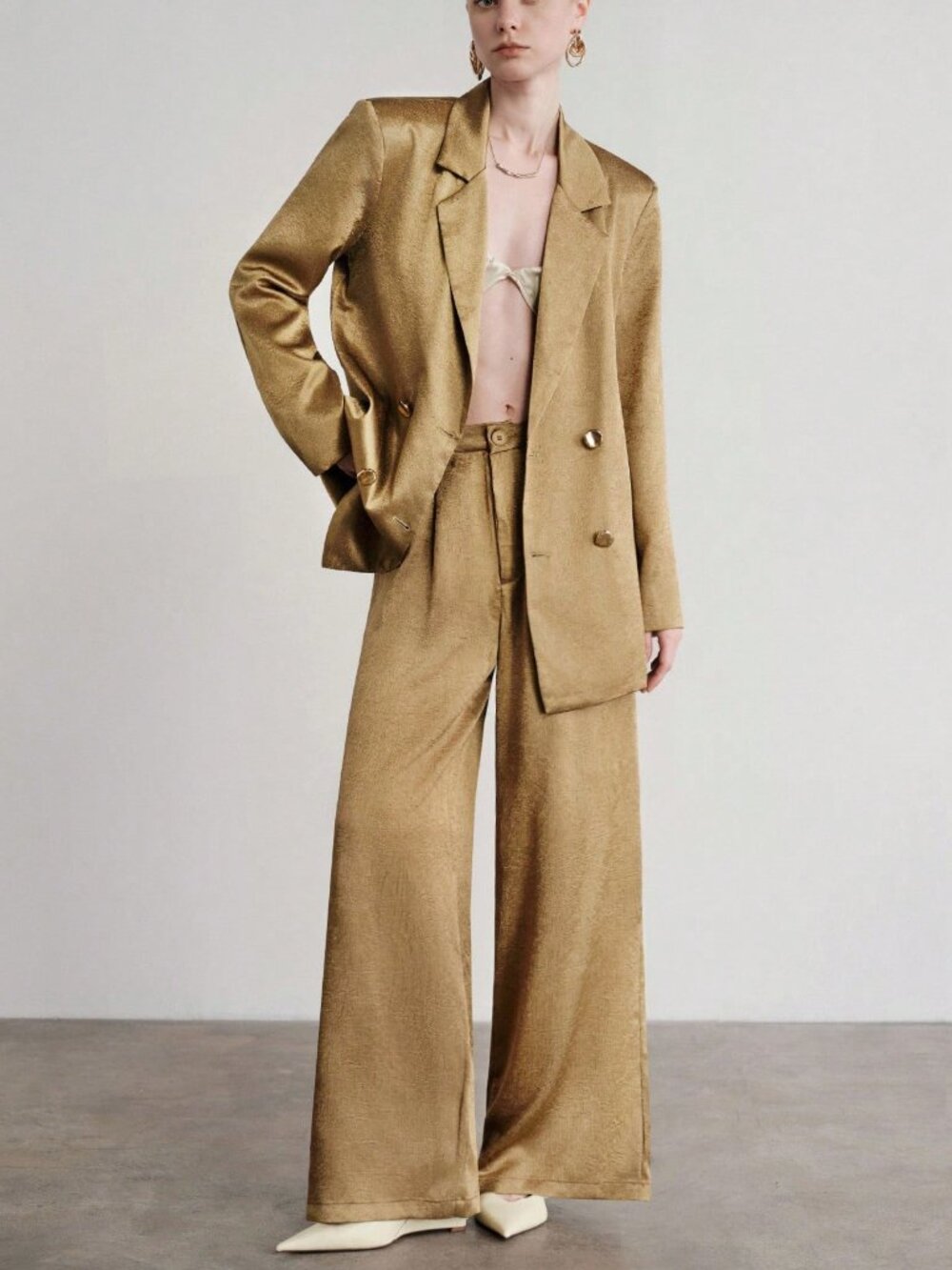 Warm Sage Textured Satin Blazer & Wide Leg Trousers Pantsuit Set